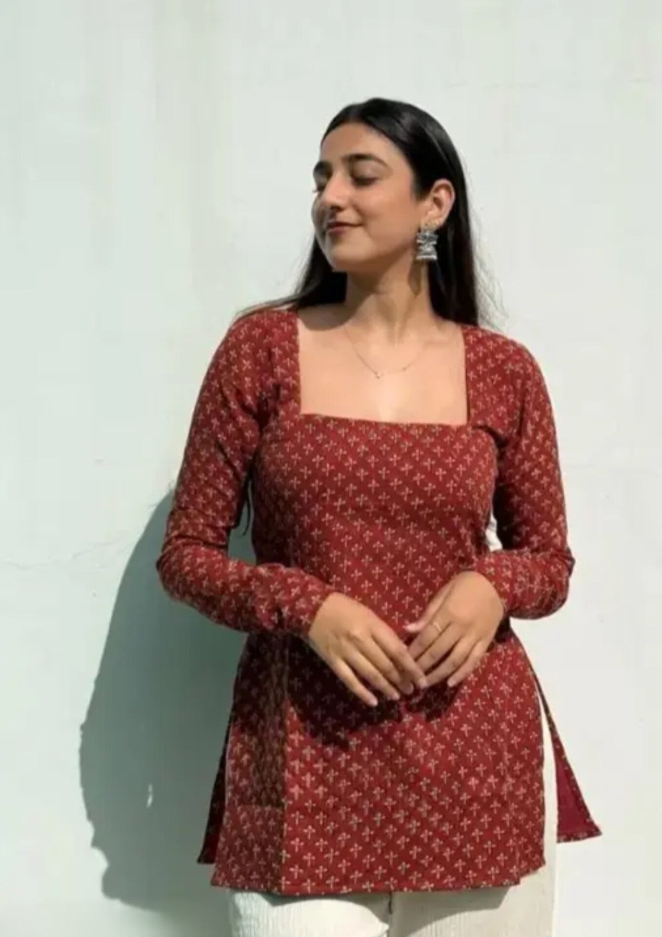 Maroon Printed Side Slit Top