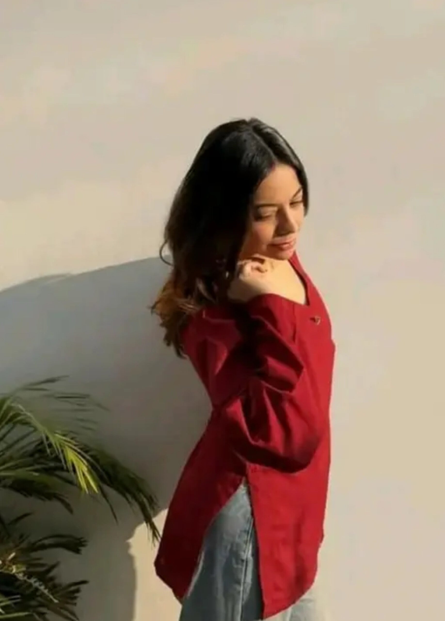 Maroon V-Neck Side Slit Top