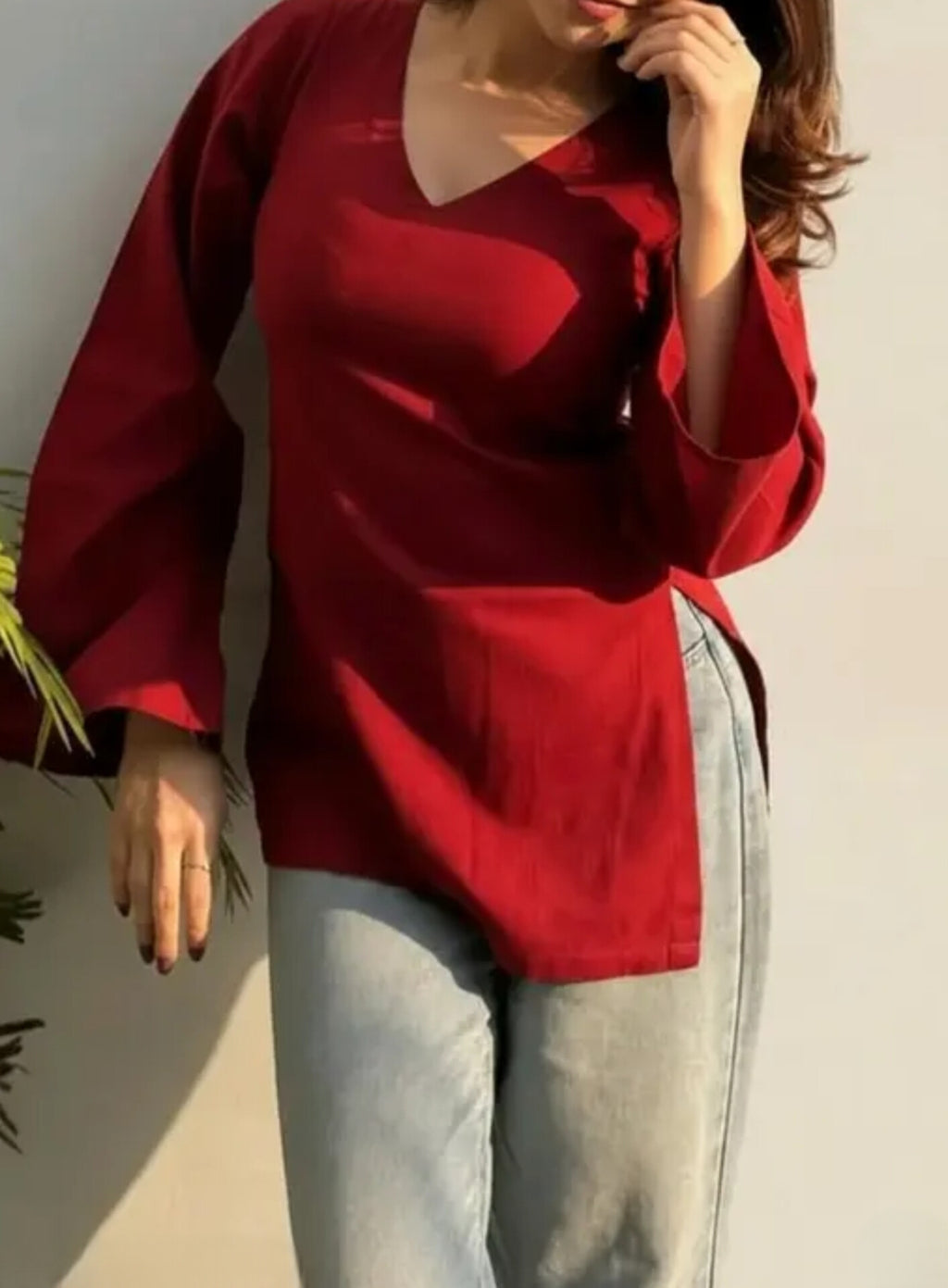 Maroon V-Neck Side Slit Top