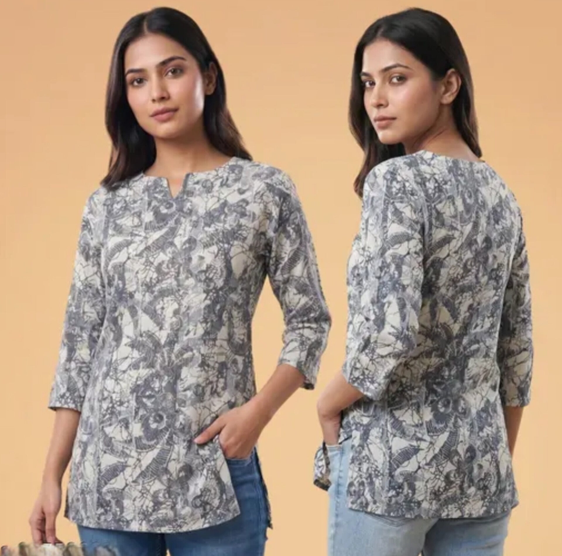 Grey Printed Straight Kurti