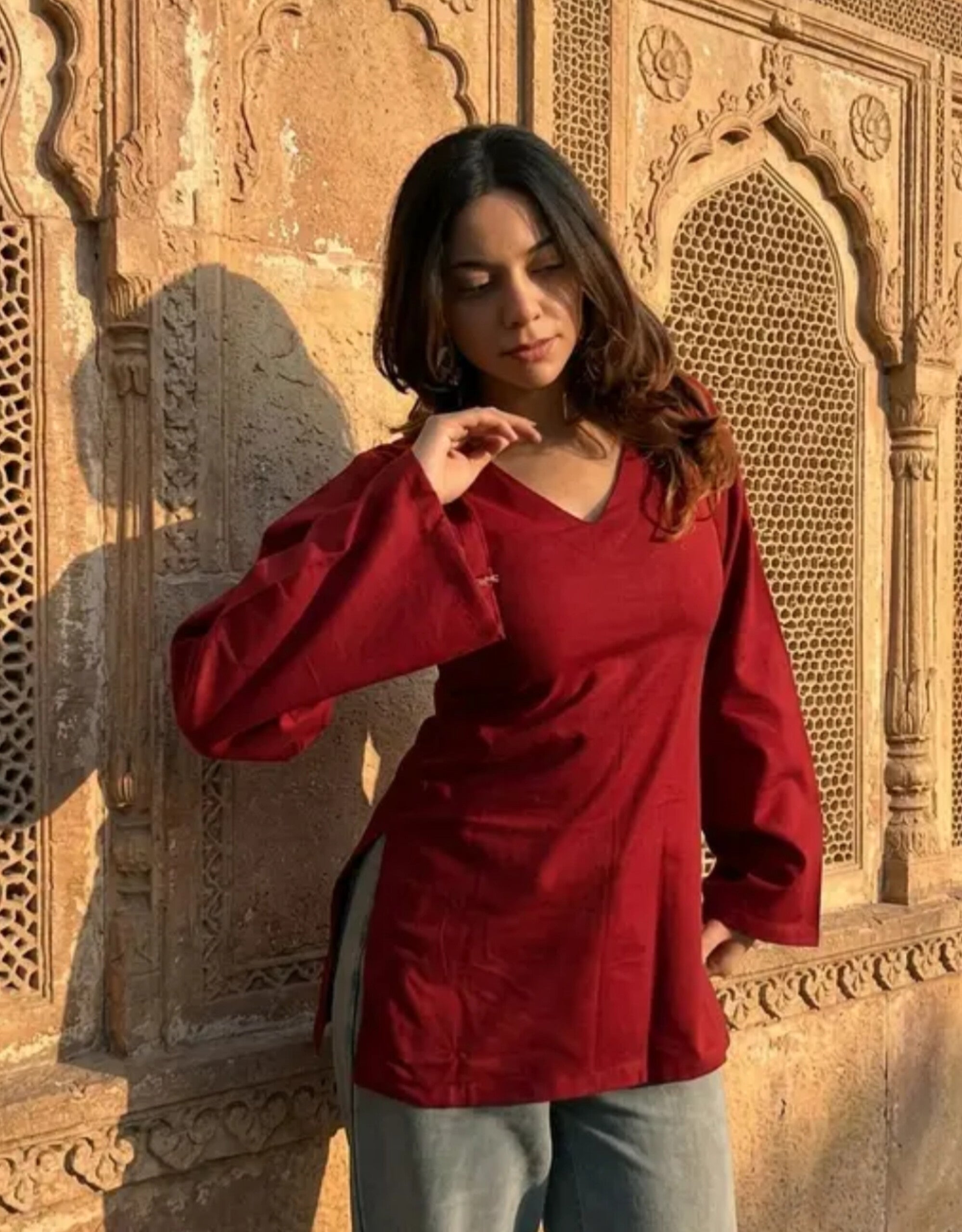 Maroon V-Neck Side Slit Top