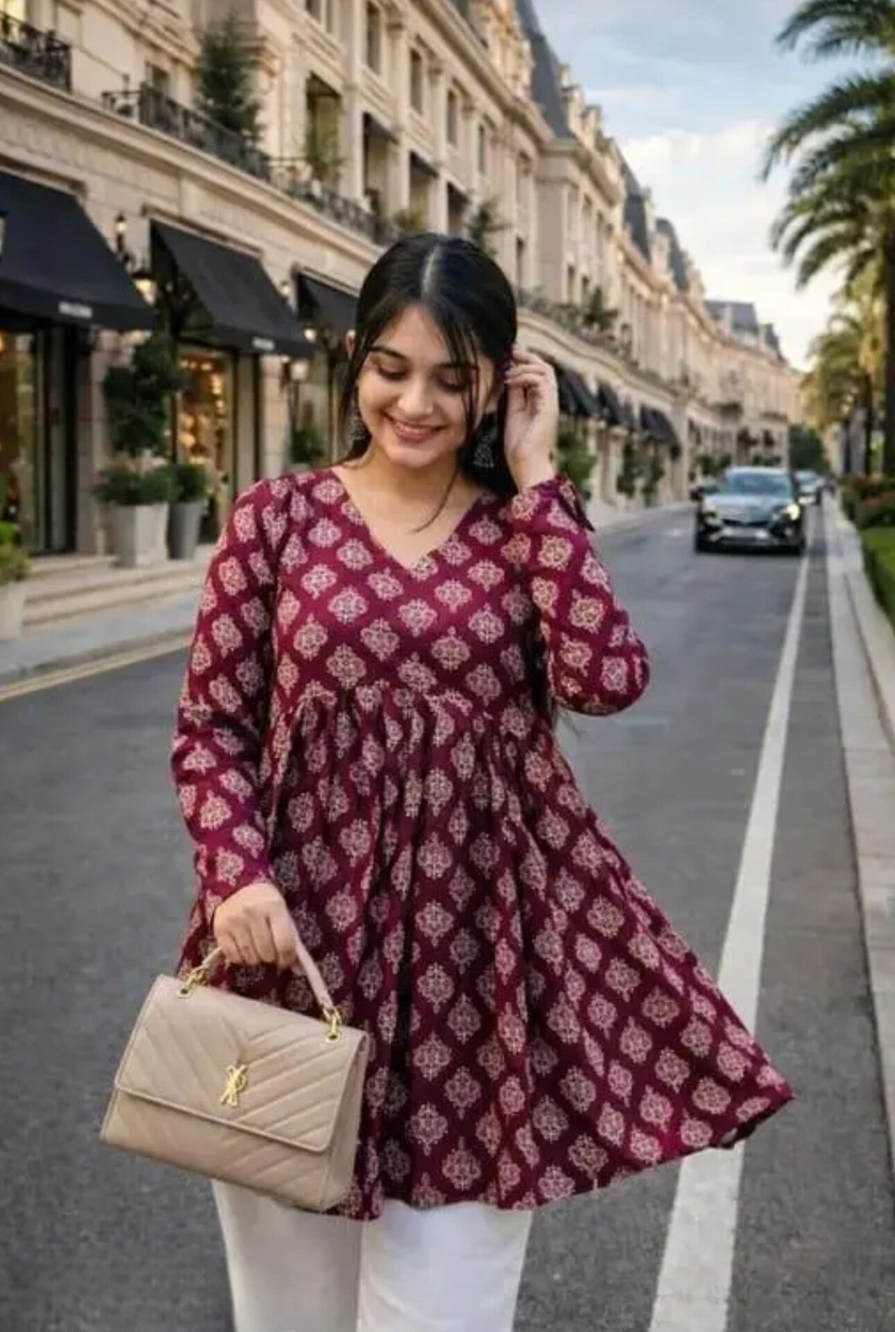 Maroon Flared Printed Kurti