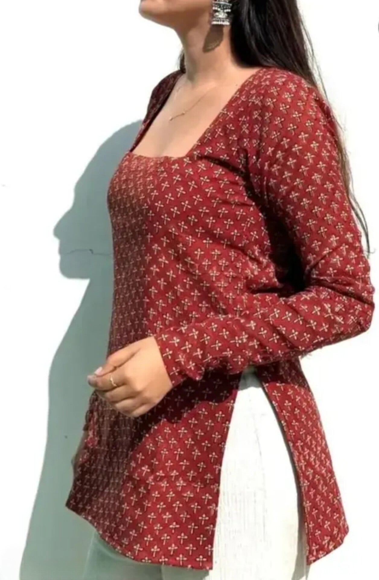 Maroon Printed Side Slit Top