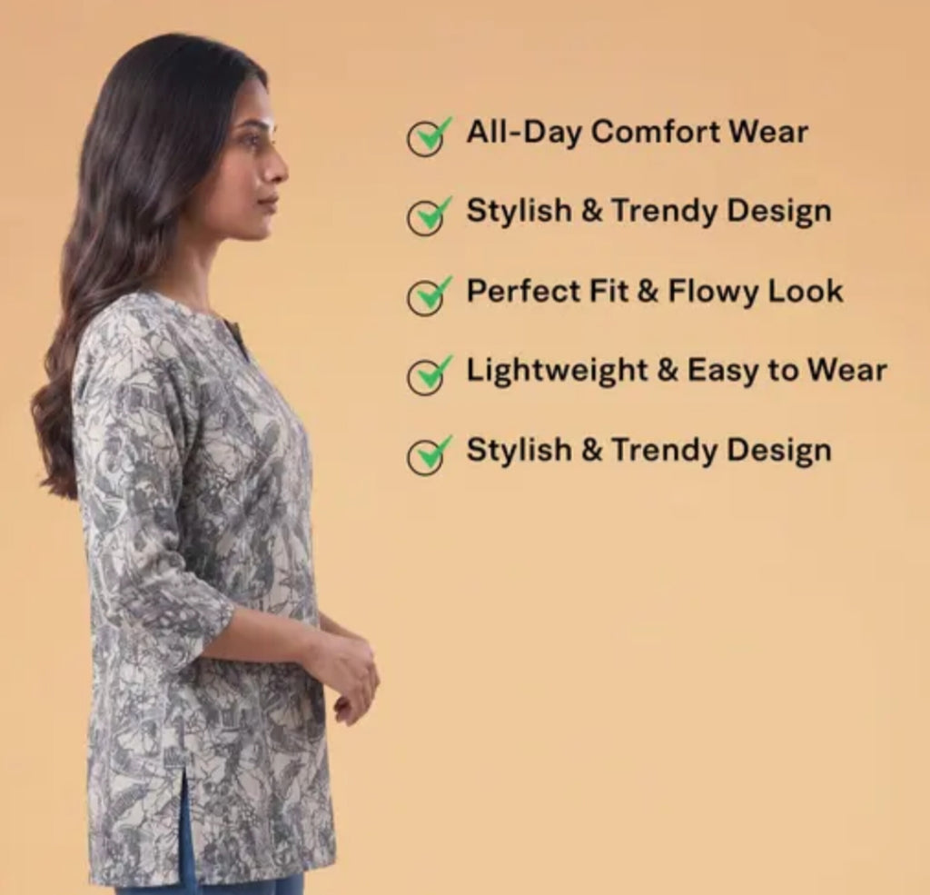 Grey Printed Straight Kurti
